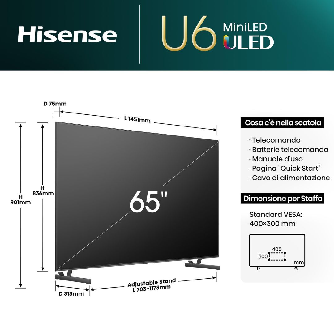 Hisense Smart TV Mini LED UHD 4K 65 Pollici Dolby Atmos VIDAA U7.6 HDR WiFi - immagine 5