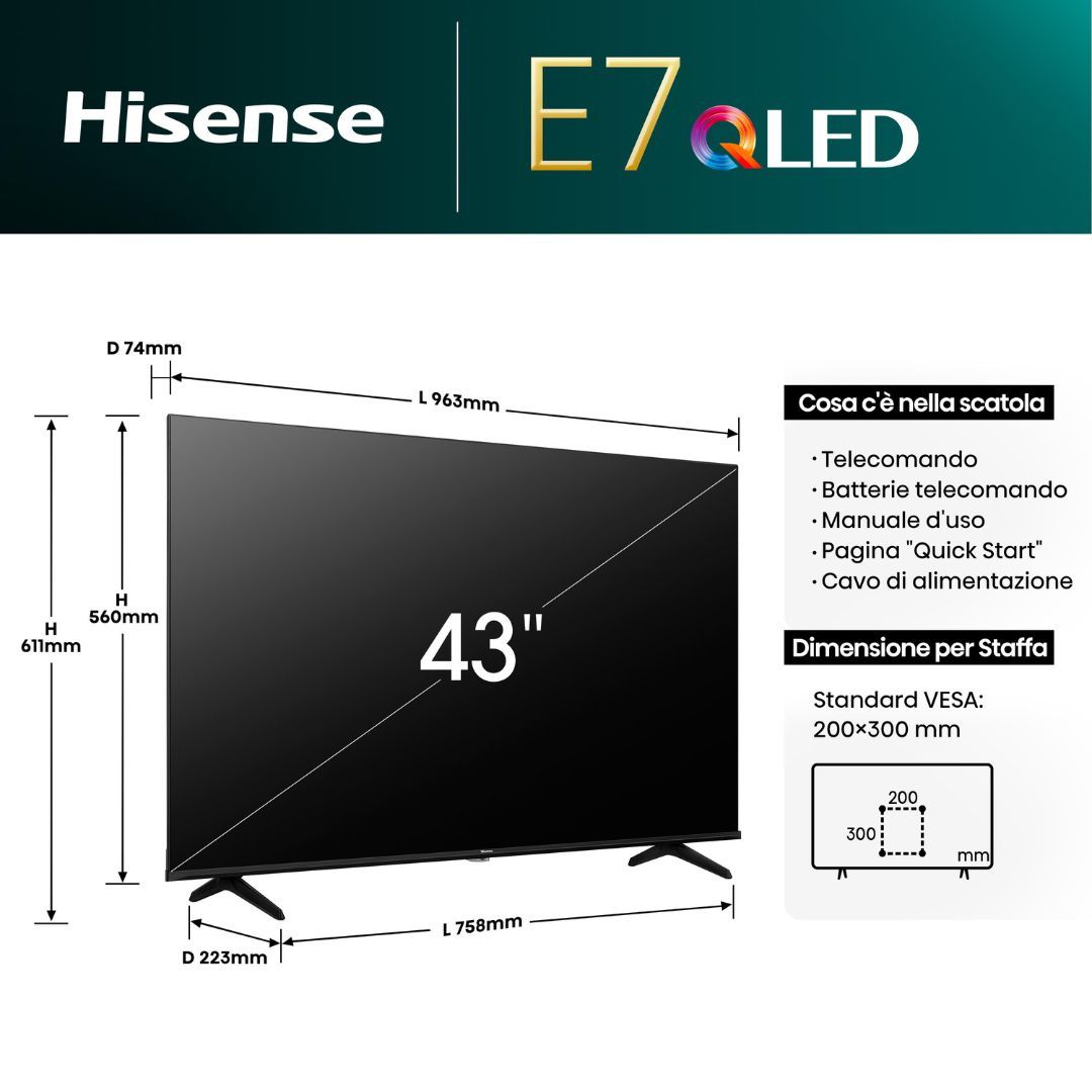 Hisense Smart TV 43" QLED UHD 4K HDR Dolby Vision Nero - immagine 3