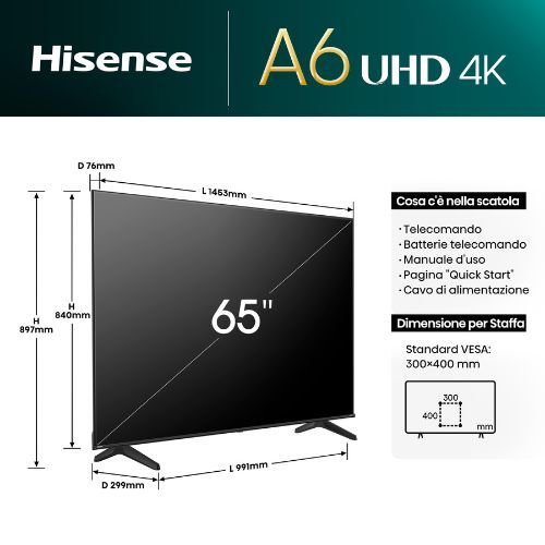 Hisense Smart TV 65" LED 4K Ultra HD HDR Vidaa Nero - immagine 4
