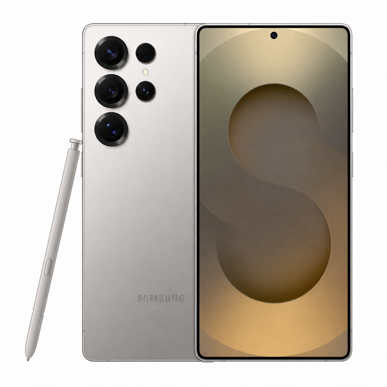 Samsung Galaxy phone with embedded S Pen, showing four-camera module on the back in silver/gray color.