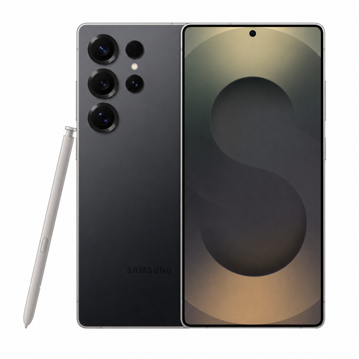 Samsung Galaxy smartphone with integrated S Pen, showing a quad-camera back panel in a dark finish and the stylus alongside it on the left