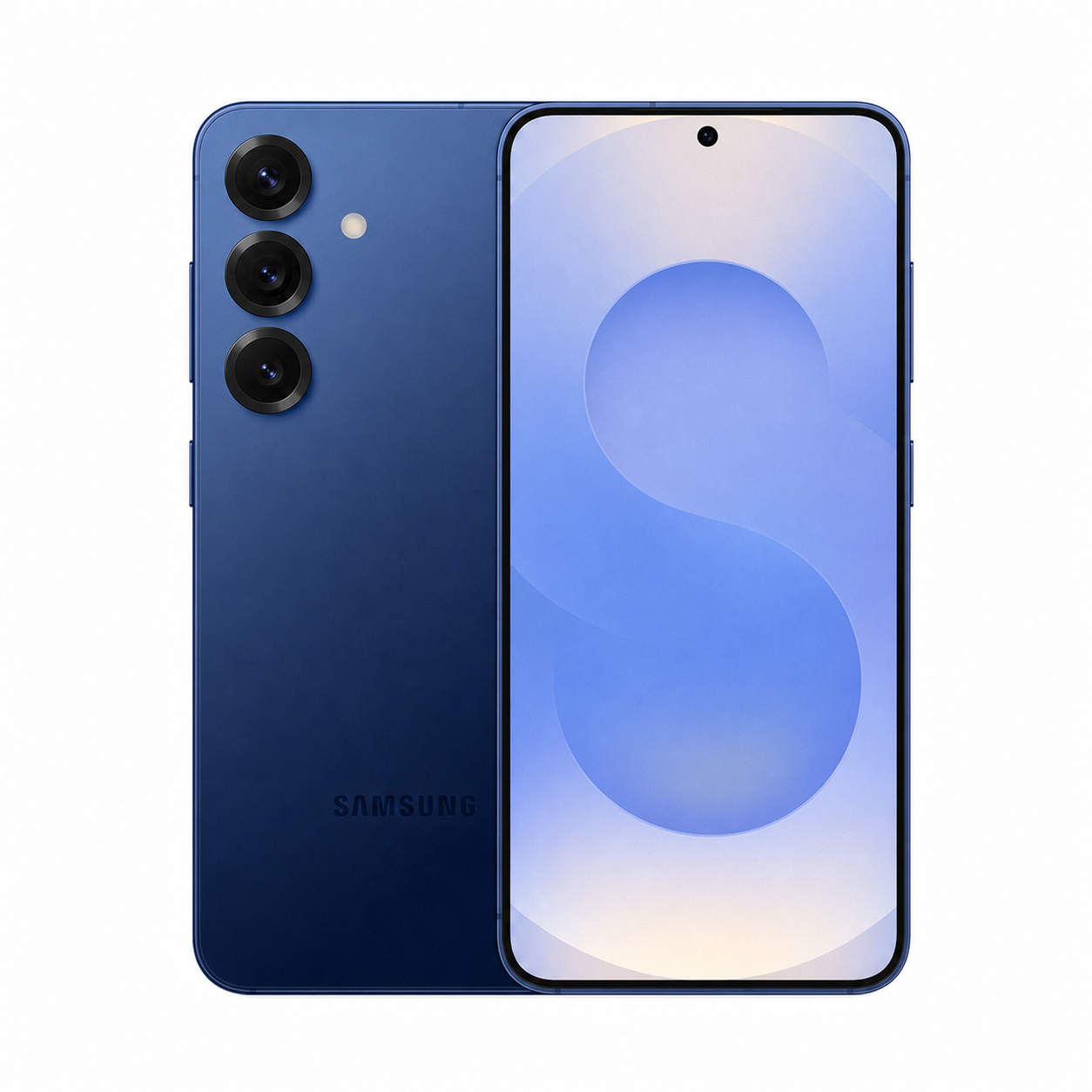 Blue Samsung smartphone showing triple-camera rear array and side logo, front screen visible on right edge